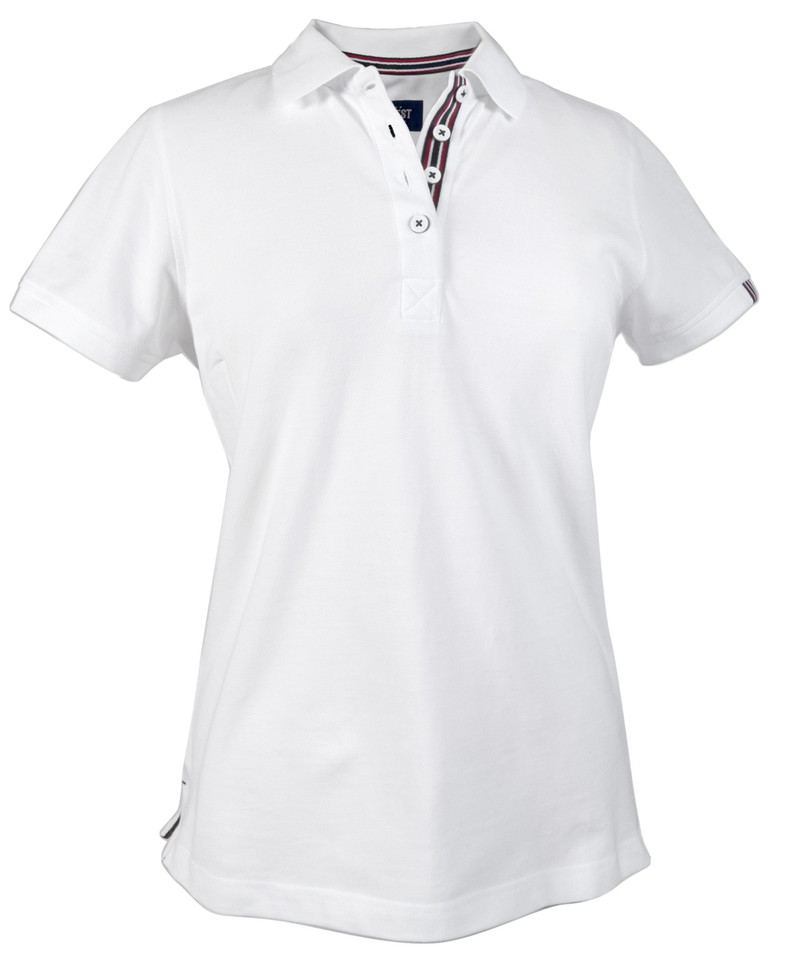 White ladies polo shirt with contrast striped trim detail on collar placket and short sleeves
