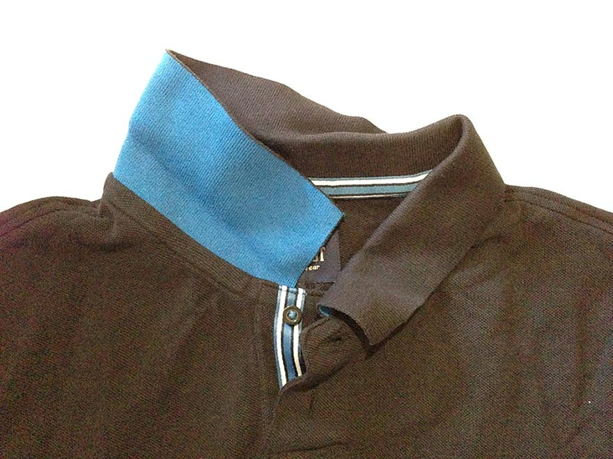 Chocolate brown polo shirt with sky blue collar contrast and striped inner placket detail