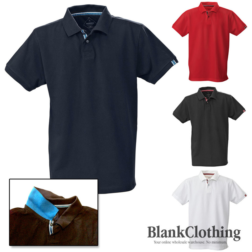Navy polo shirt with contrast stripe detail on collar and sleeve trim, pique knit fabric shown in multiple colours