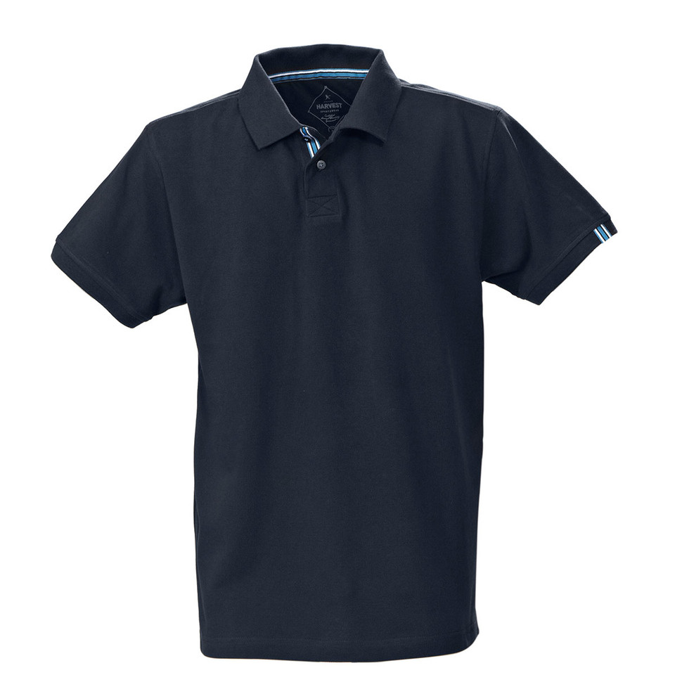 Navy pique polo shirt with contrast white trim on collar and sleeve tabs