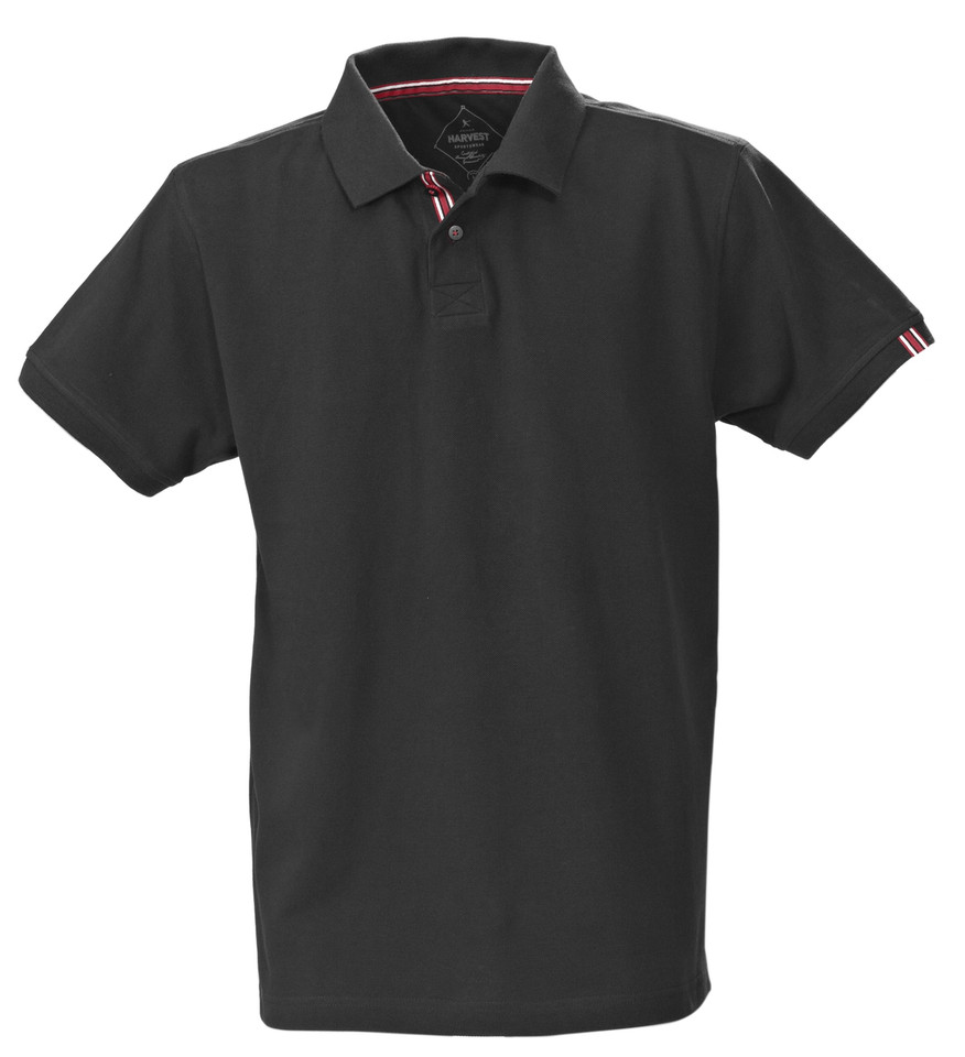 Black pique polo shirt with contrast red trim on collar and sleeve cuffs
