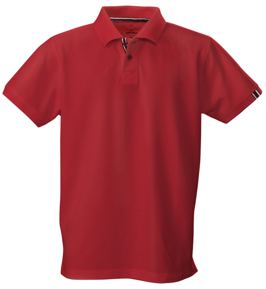 Crimson red pique polo shirt with contrast navy trim on collar, three-button placket, and sleeve tab detail