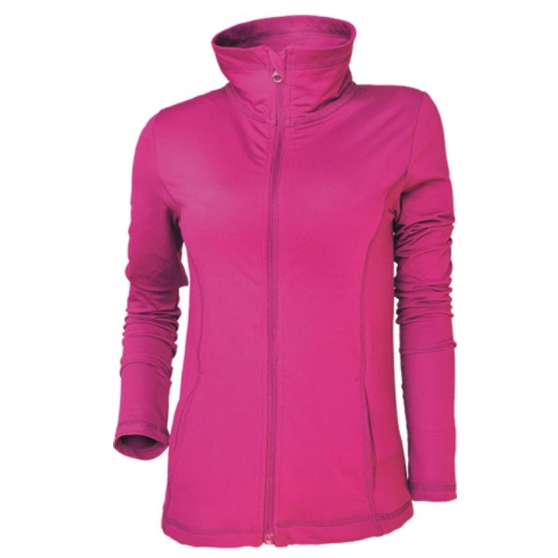Magenta ladies stretch jacket with high funnel neck and full-length zip closure