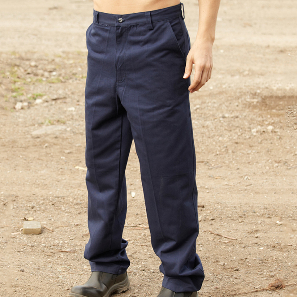 Navy cotton drill work pants with straight leg, front pockets and button closure