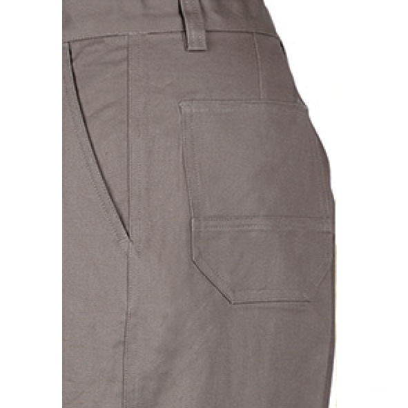 Charcoal grey cotton drill work pants showing cargo pocket detail and reinforced stitching