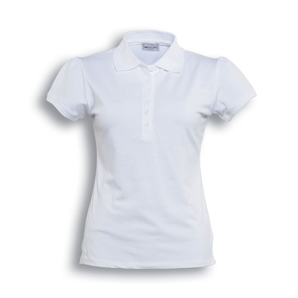 White ladies polo shirt with collar and button placket, short sleeves with feminine fitted silhouette