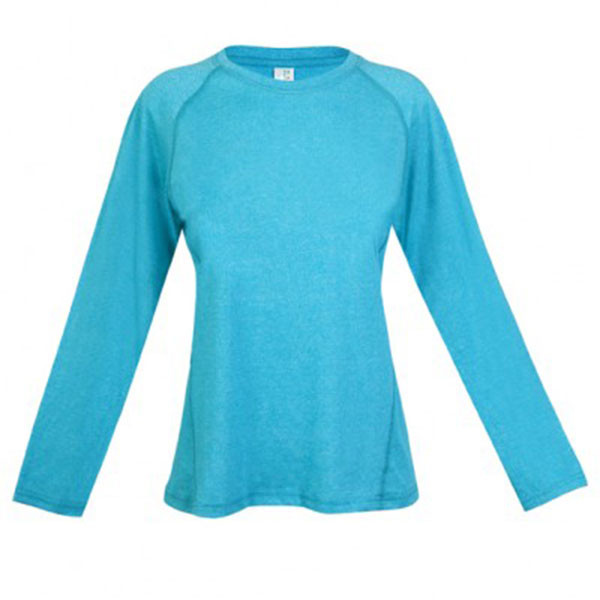 Cyan heather ladies long sleeve tee with raglan sleeves and crew neck, flat lay packshot