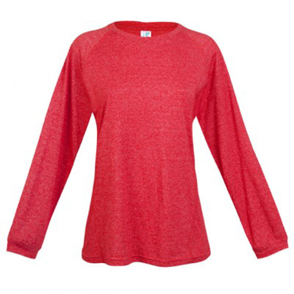 Red heather marle women's long sleeve tee with crew neck and raglan sleeves, flat lay packshot