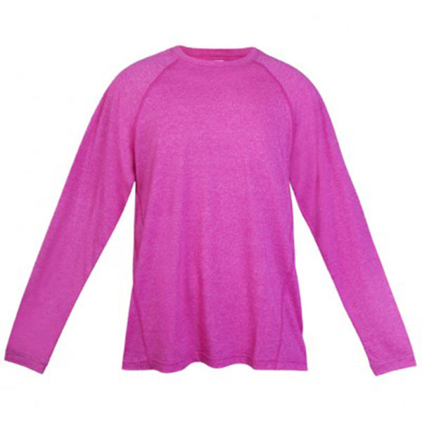 Heather magenta long sleeve tee with raglan sleeves and crew neckline