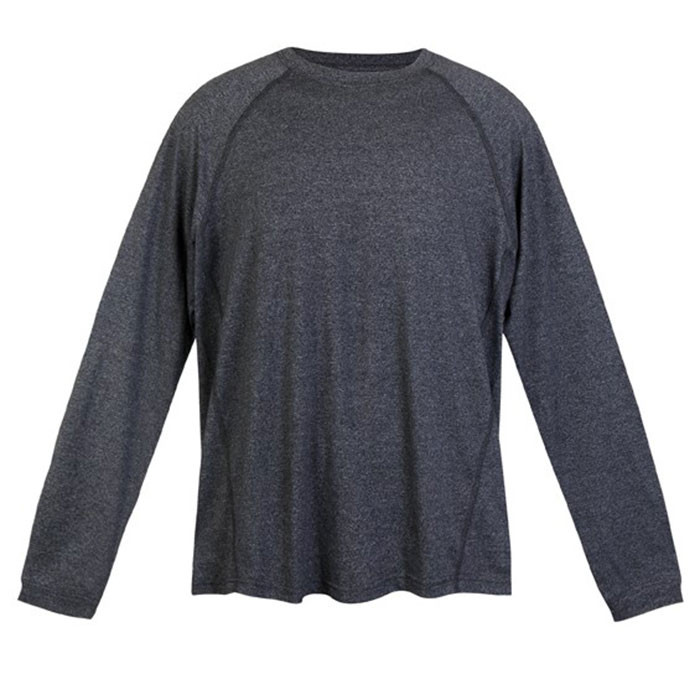 Charcoal heather long sleeve tee with raglan sleeves and crew neckline