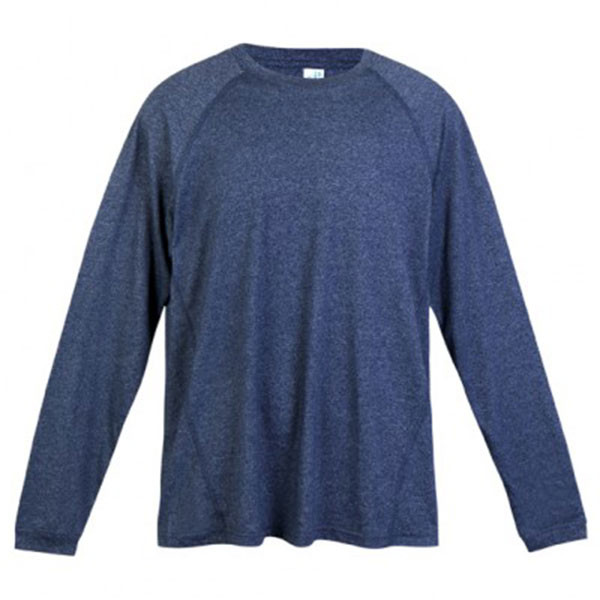 Navy heather long sleeve tee with raglan sleeves and crew neck, flat lay front view