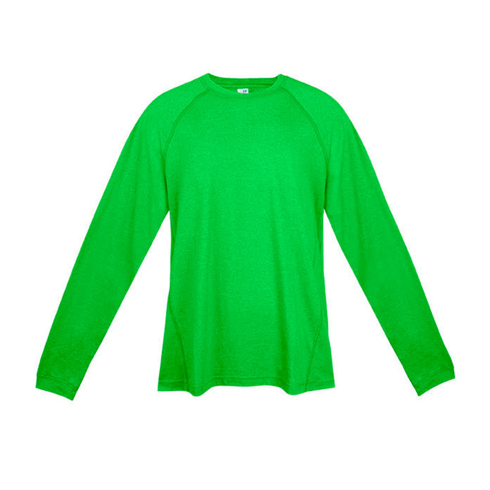 Bright kelly green long sleeve crew neck t-shirt with raglan sleeves on white background