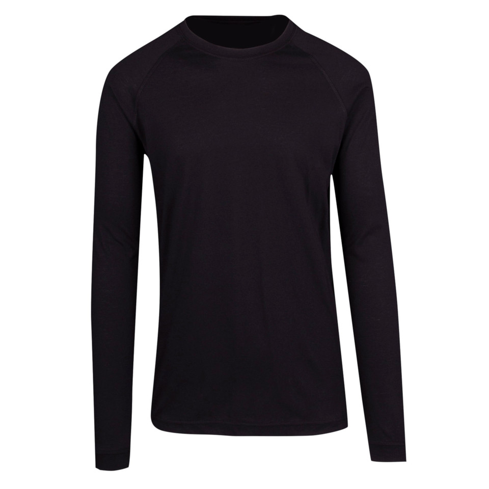 Black long sleeve crew neck tee with raglan sleeves and smooth heathered fabric finish
