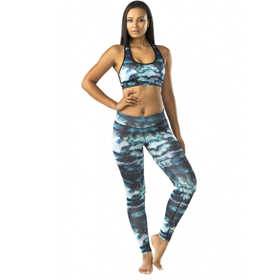 Teal and navy abstract print sports crop top with racerback straps and padded support