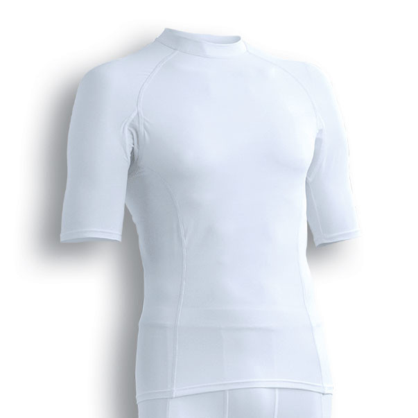 White short sleeve compression shirt with mock neck and contrast flatlock seams