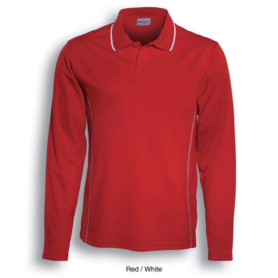 Red long sleeve polo shirt with white contrast collar and sleeve tipping