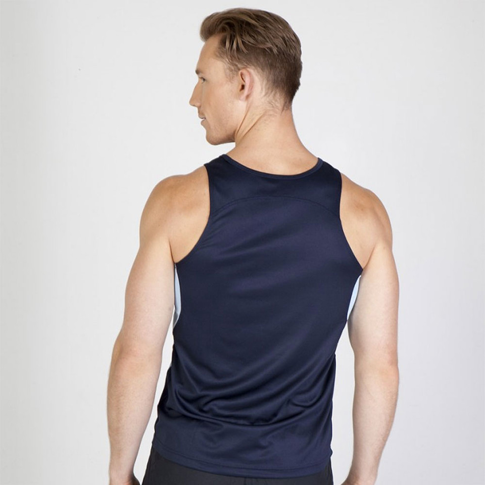 Navy singlet with white side panels featuring contrast stitching and athletic fit