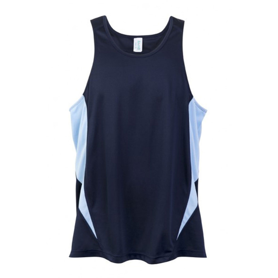 Navy athletic singlet with sky blue contrast side panels and curved inserts
