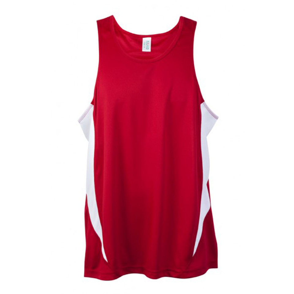 Red athletic singlet with white side panels and contrast piping for decoration