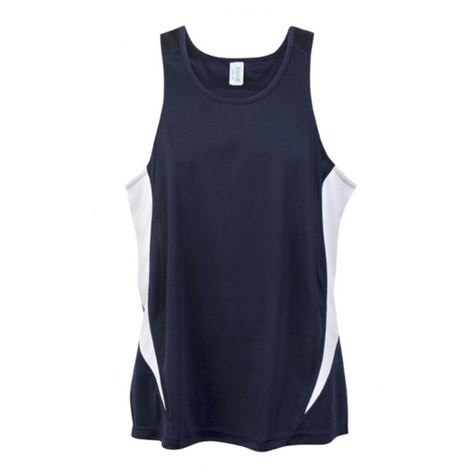 Navy + white Glory Men's quick-dry contrast singlet (tank top) for team sports and activewear, featuring sweat-wicking fabric and contrasting side panels.