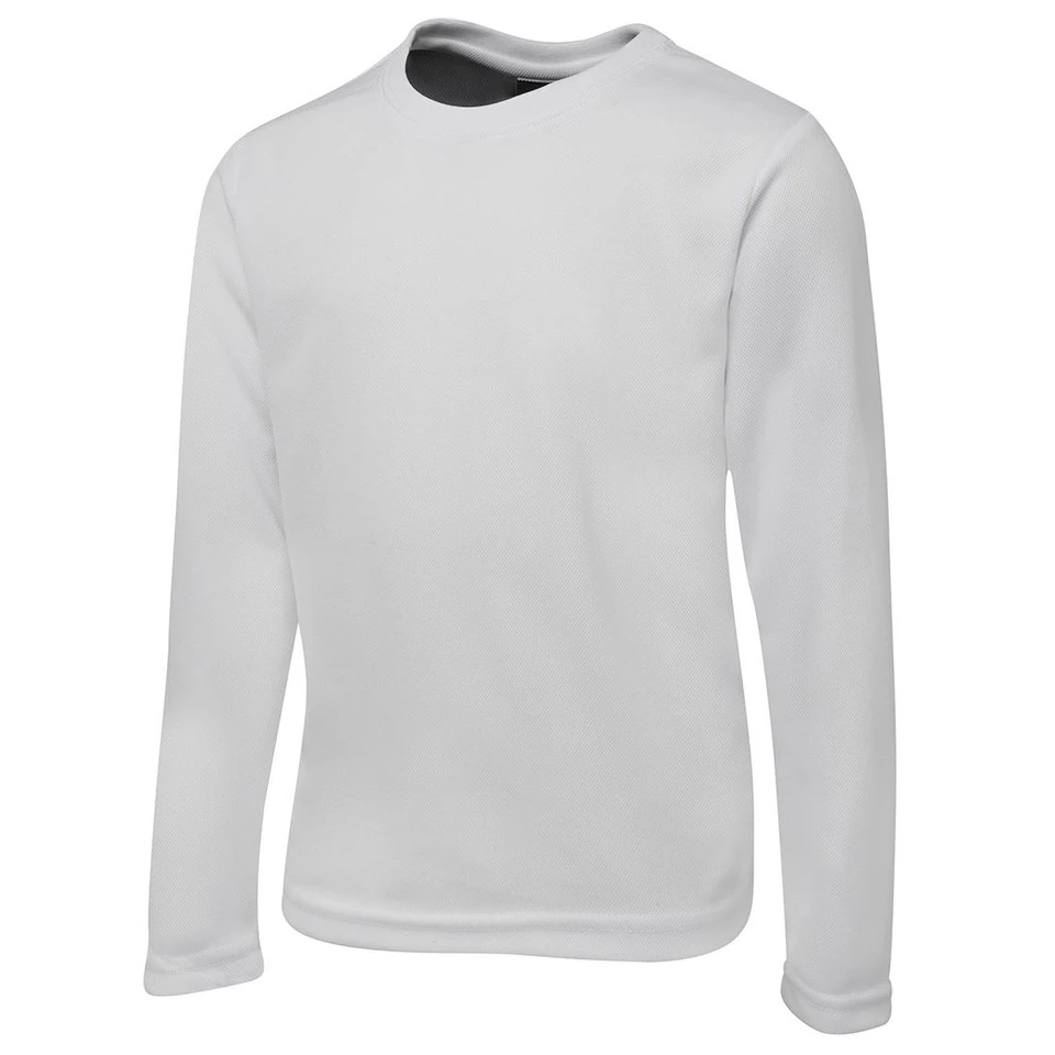 White long sleeve polyester t-shirt with crew neck and grey contrast inner collar