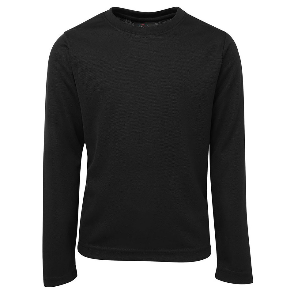 Black long sleeve poly t-shirt with crew neck and smooth flat front panel