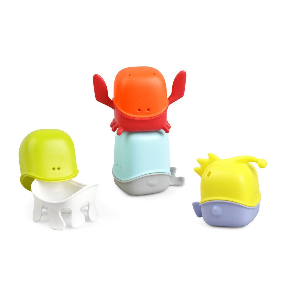Four stackable sea creature bath toys in lime green, white, mint blue, red orange, and yellow on white background