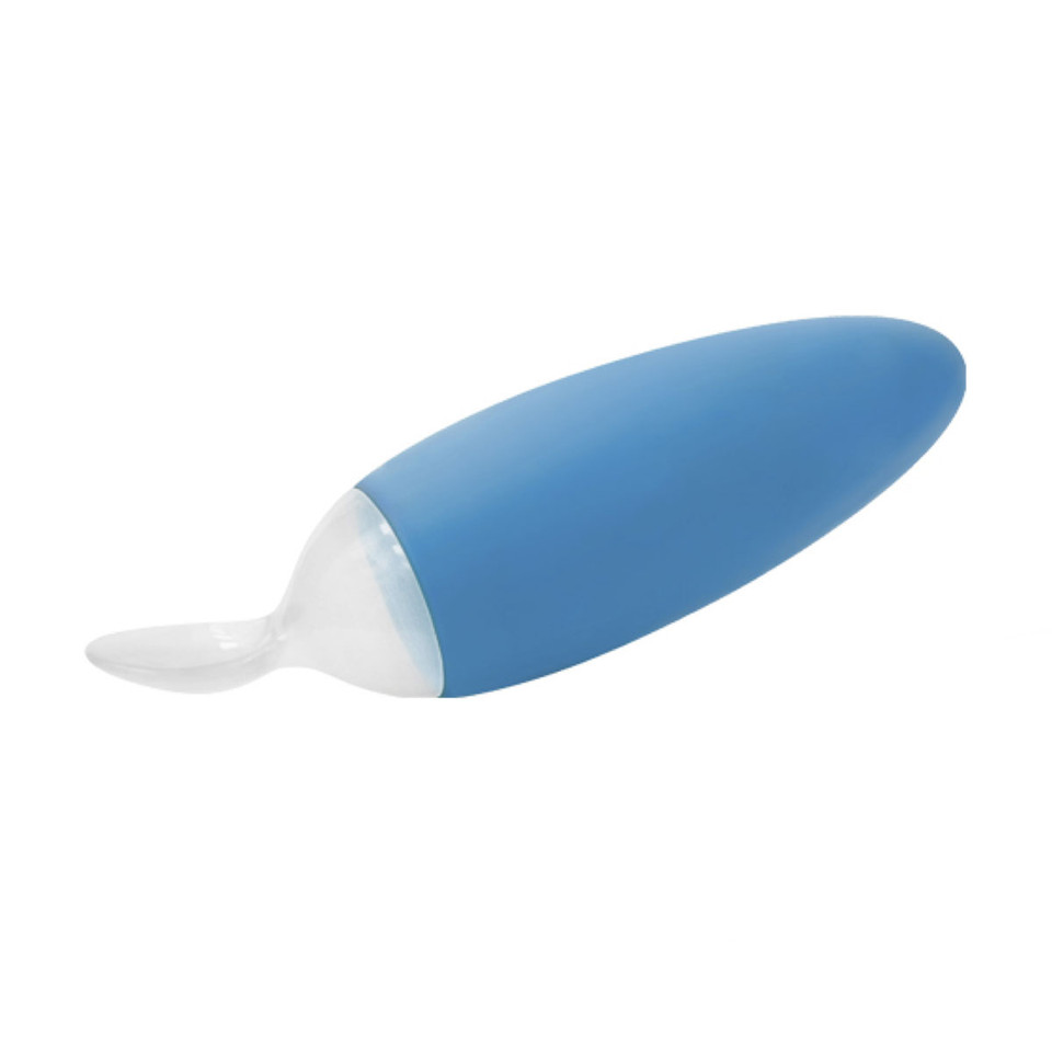 Cornflower blue silicone squeeze baby food dispensing spoon with translucent white spoon tip, packshot on white