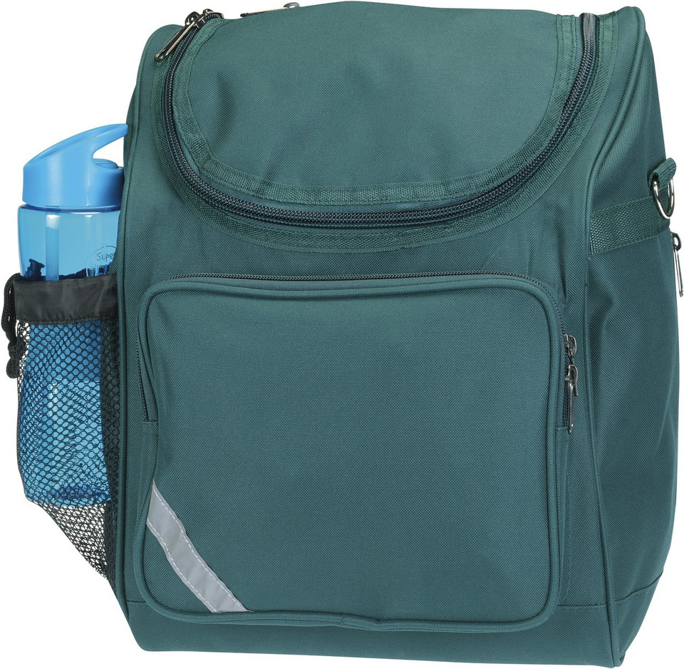 Teal waterproof padded backpack with curved top flap, front zippered pocket, mesh side bottle holder and reflective trim