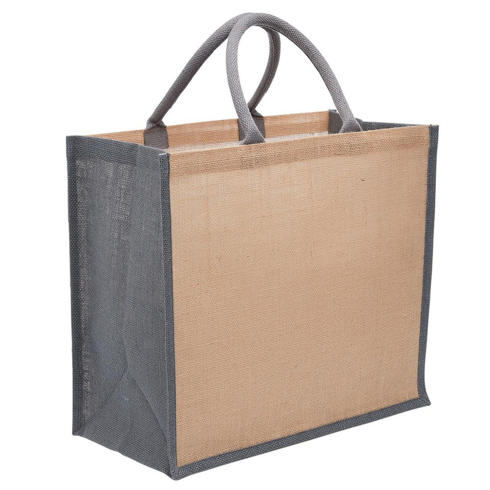 Natural jute tote bag with charcoal grey side panels, gussets and grey handles on white background