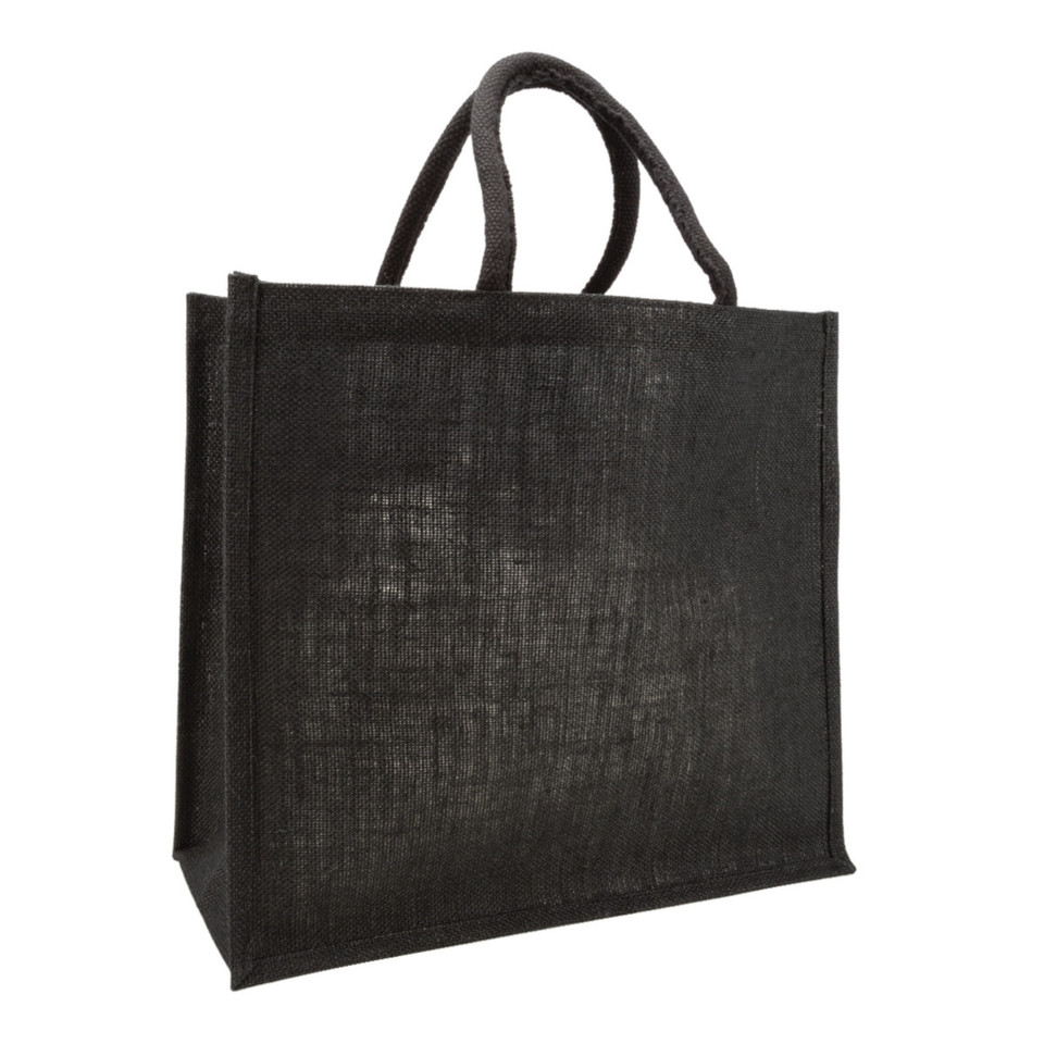 FIELDS 28L blank plain eco-friendly black jute tote bag with wide gusset and cotton handles for wholesale screen printing