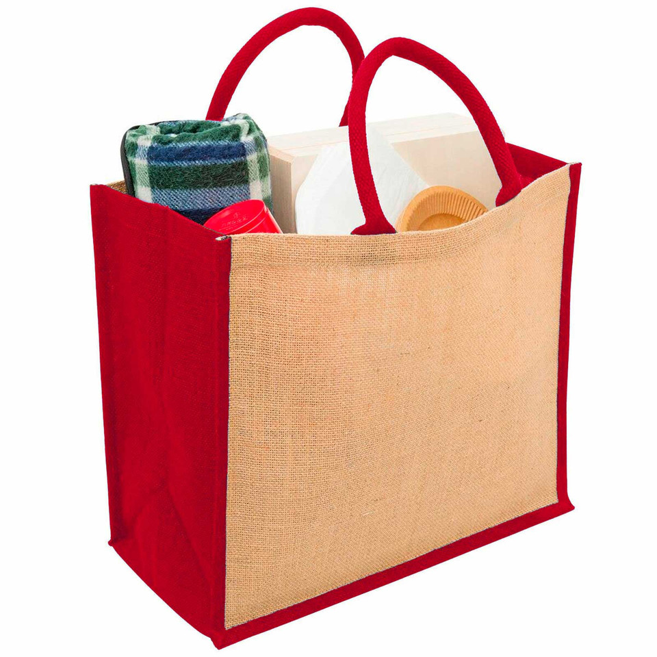 Natural jute tote with red trim and gusset panels, wide body with contrasting red handles