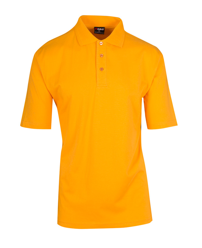 Golden yellow cotton polo shirt with three-button placket and ribbed collar