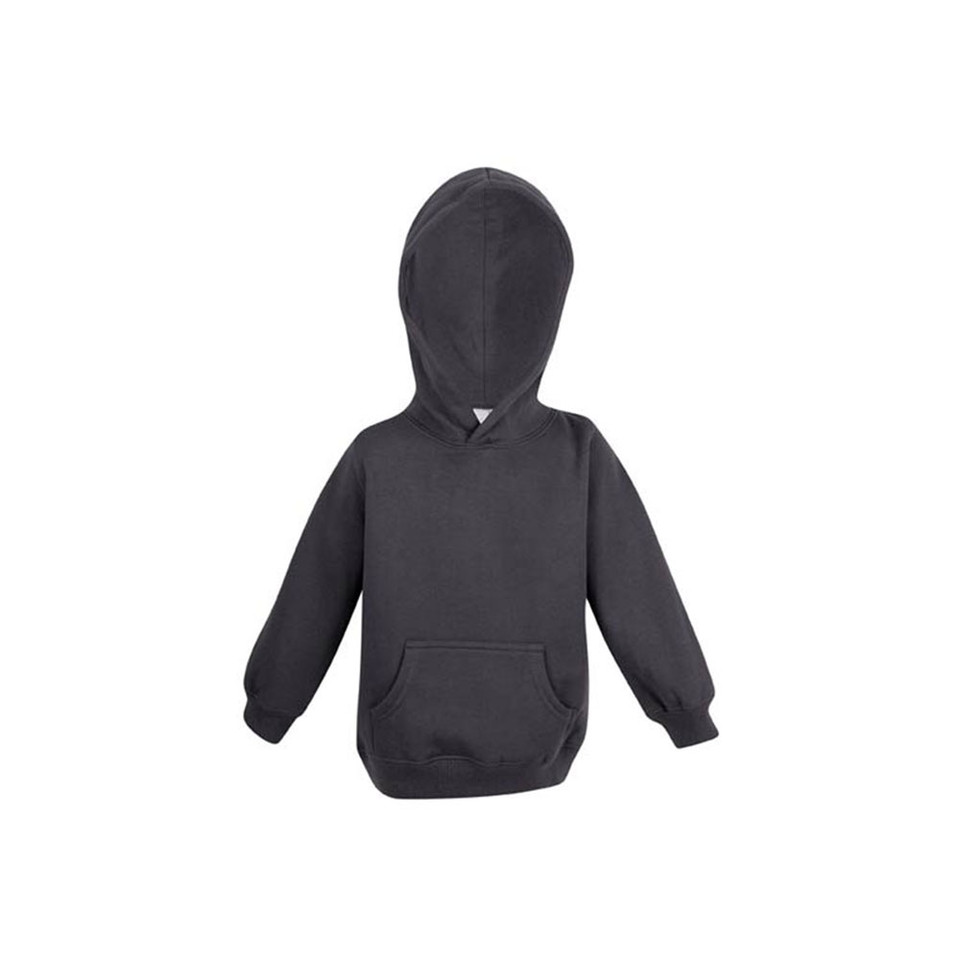 Charcoal grey kids hoodie with kangaroo pocket and drawstring hood on white background