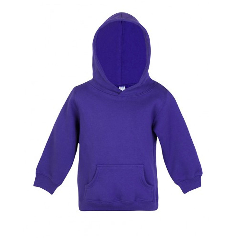 Purple kids pullover hoodie with kangaroo pocket and ribbed cuffs