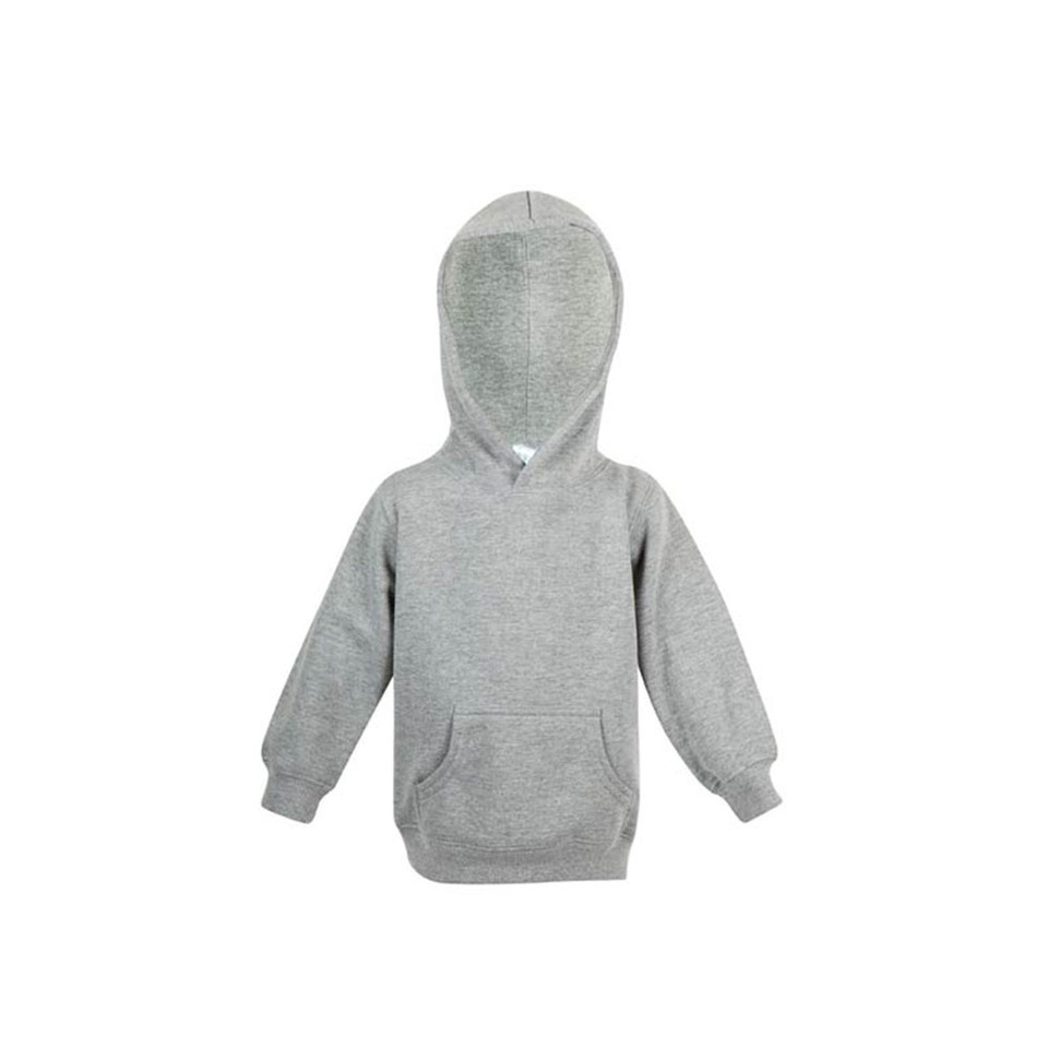 Heather grey kids hoodie with kangaroo pocket and ribbed cuffs on plain background