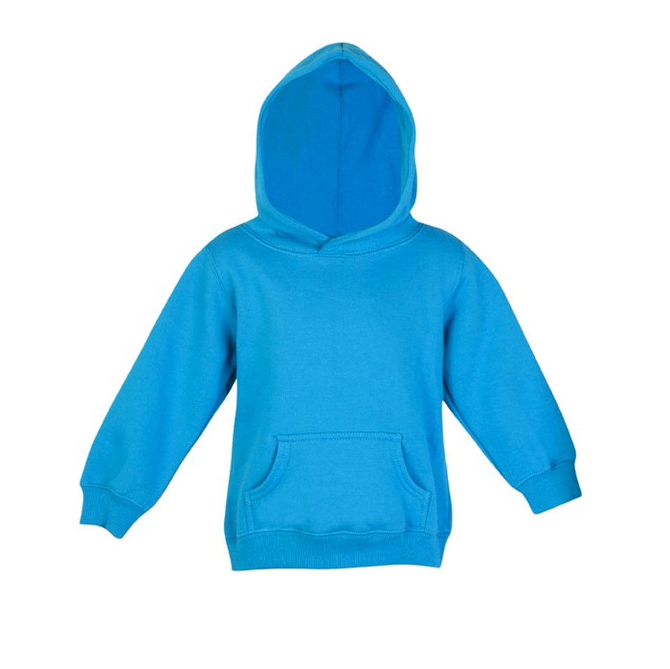 Bright azure blue kids hoodie with kangaroo pocket and ribbed cuffs on white background