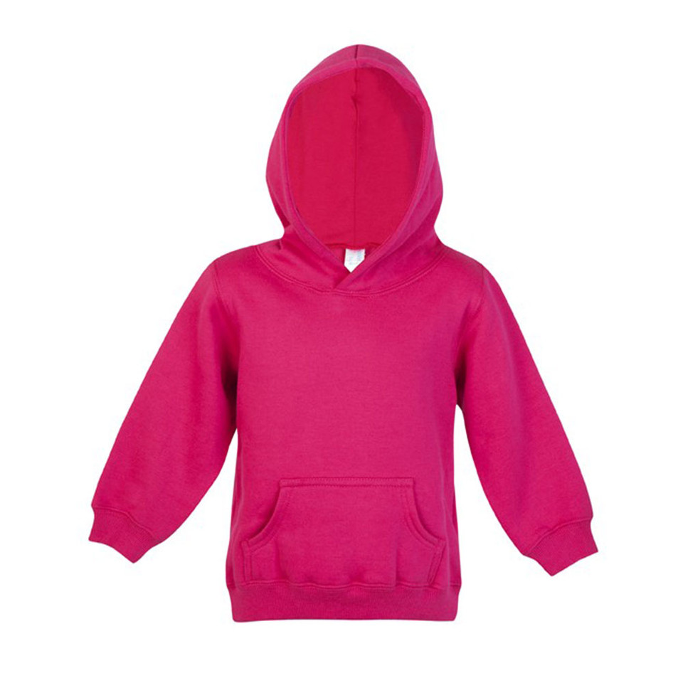 Hot pink kids hoodie with kangaroo pocket and ribbed cuffs on white background