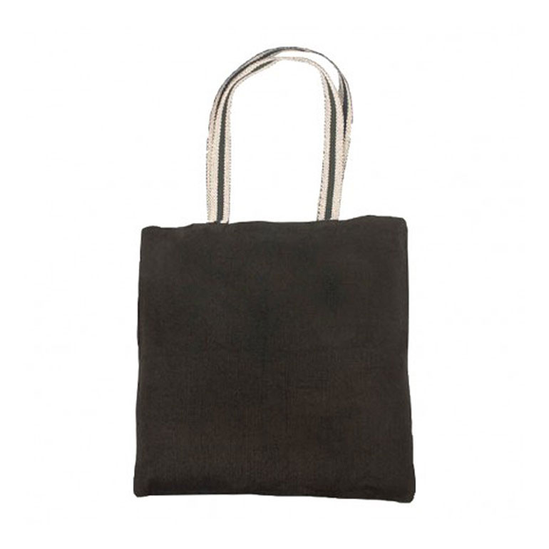 Black jute tote bag with natural cotton webbing handles and flat front panel for decoration