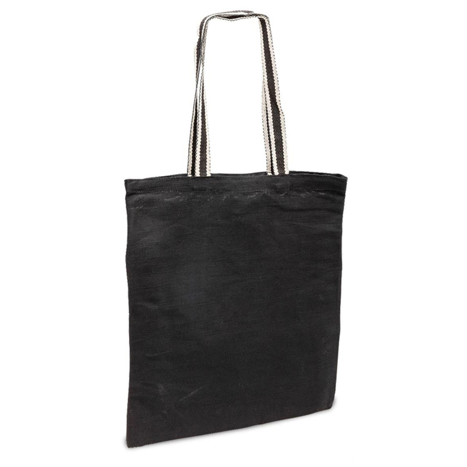 Black jute tote bag with black and white striped handles, flat front panel, packshot on white