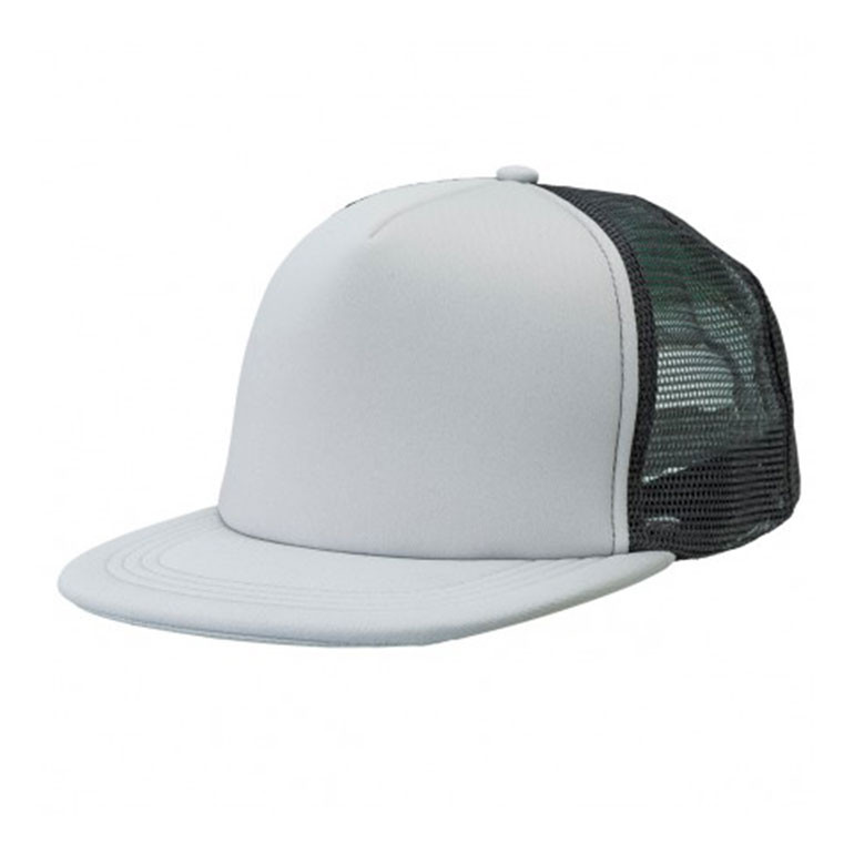 White front panel flat peak trucker cap with charcoal mesh back and structured crown
