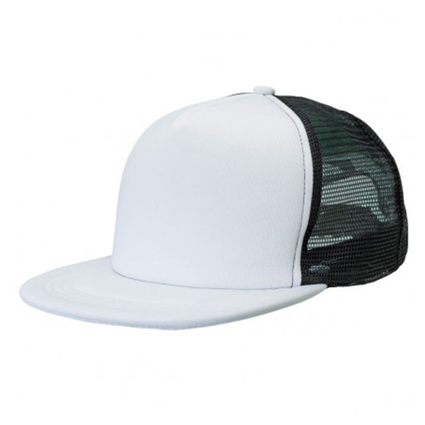 White flat peak trucker cap with black mesh back panels and structured front