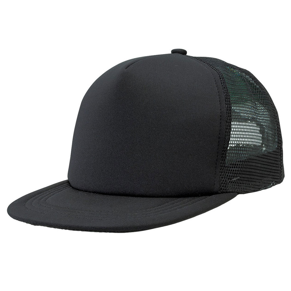 Charcoal flat peak trucker cap with black mesh back panels and structured foam front