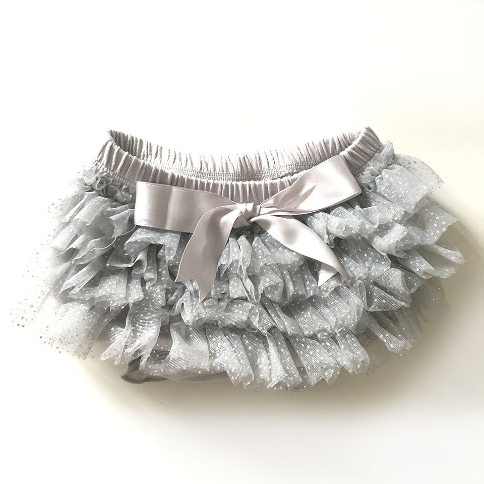 Silver grey sparkle chiffon ruffle bloomers with white satin bow at elasticated waistband