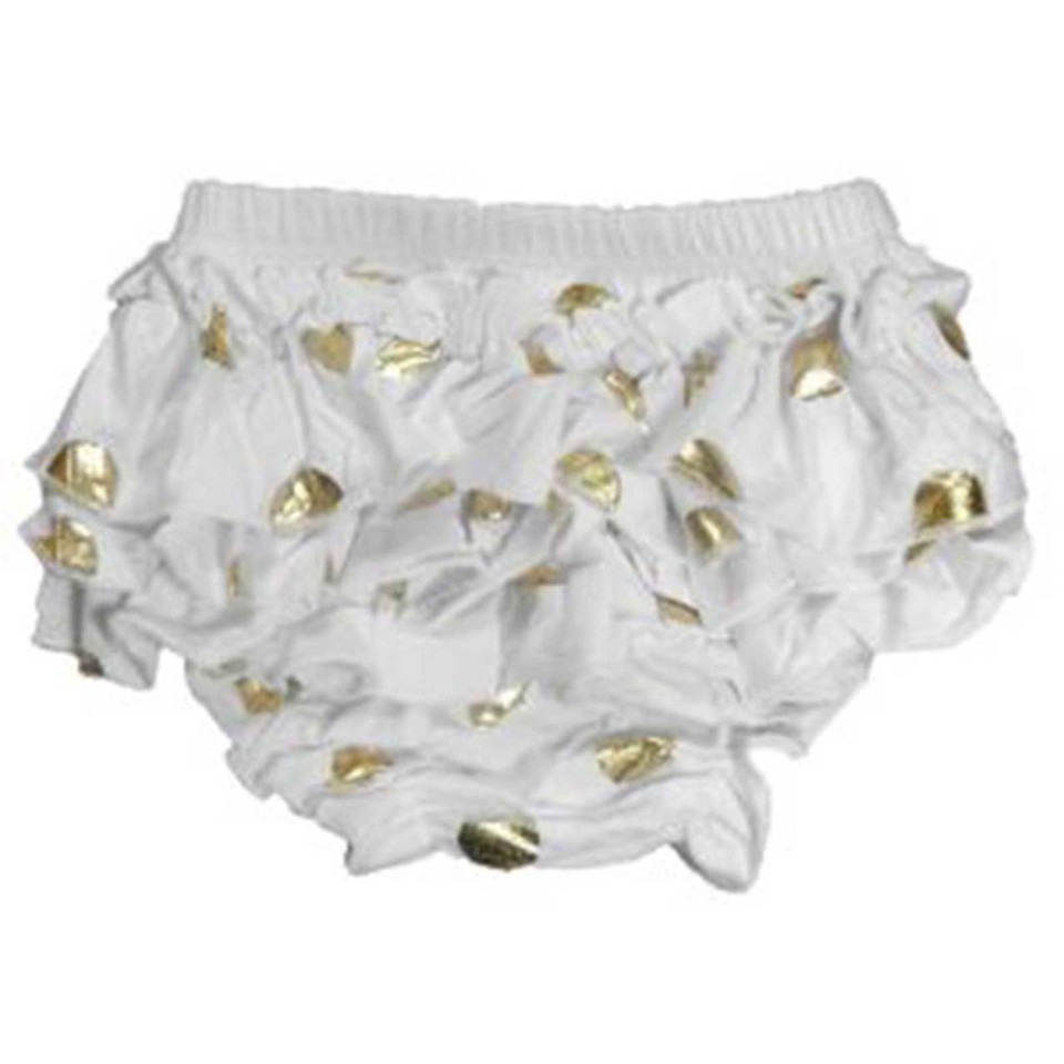 White ruffled baby bloomers with metallic gold polka dots and elasticated waistband