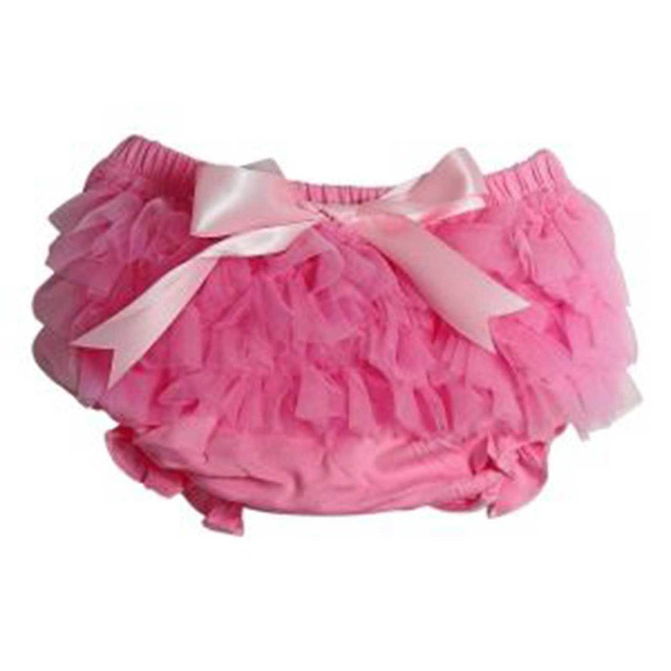 Bubblegum pink baby bloomers with layered chiffon ruffles and pale pink satin bow detail