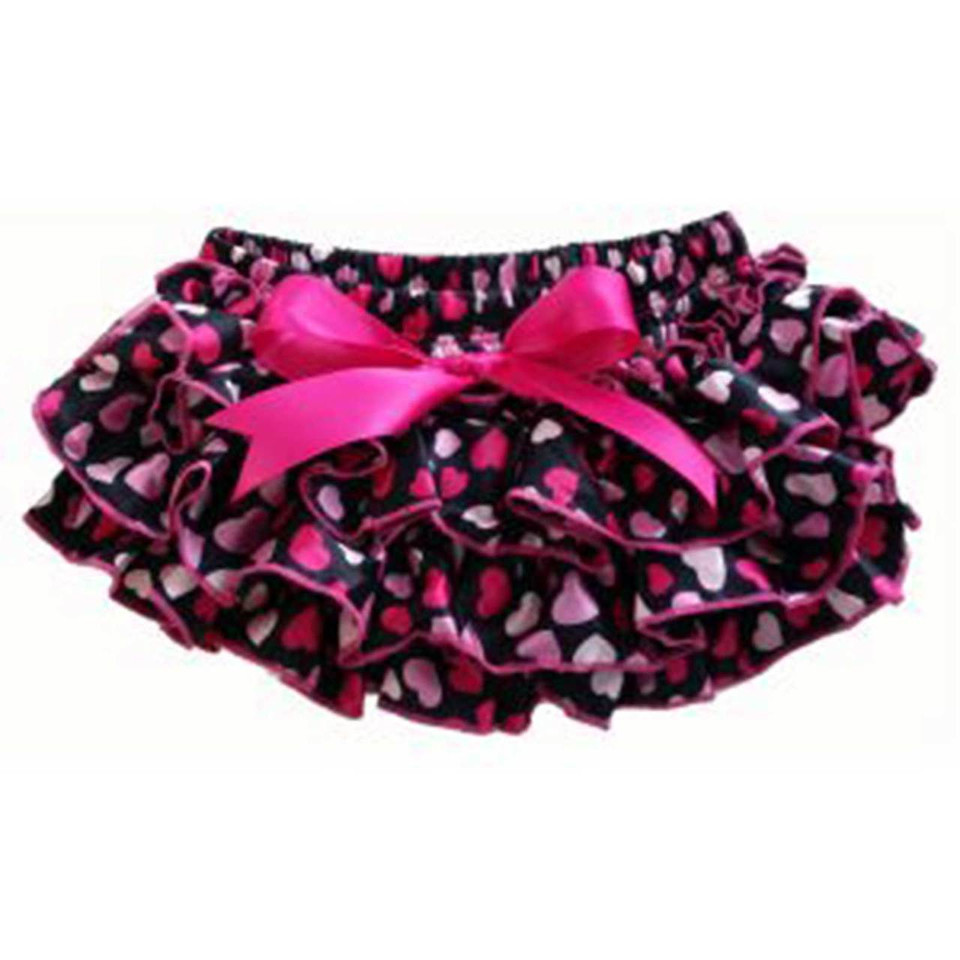 Black baby bloomers with pink and white heart print, hot pink ruffle trim and satin bow detail