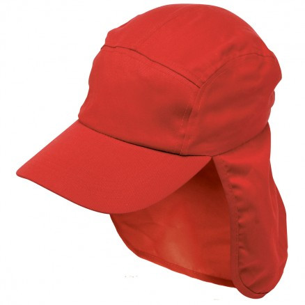 Bright red legionnaire cap with curved peak and extended neck flap for sun protection