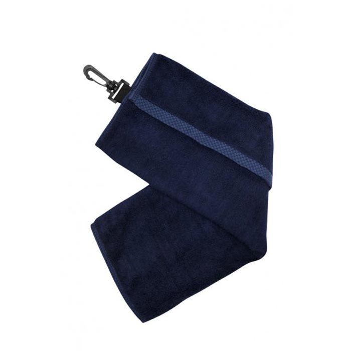 Navy bamboo golf towel with tri-fold design, textured stripe detail and metal carabiner clip