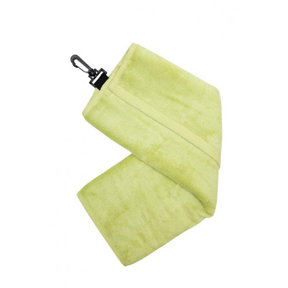 Lime green bamboo golf towel with black carabiner clip attached at corner